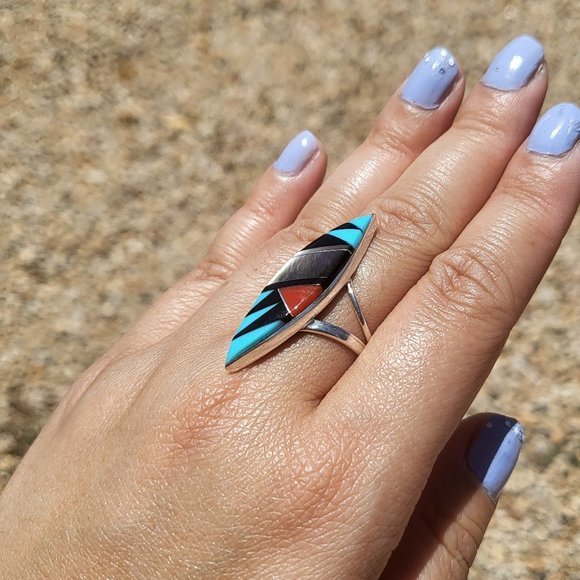 Zuni Multi Stones Diamond Shape Sterling Silver Native American Jewelry Sz 6.5US - Picture 4 of 13